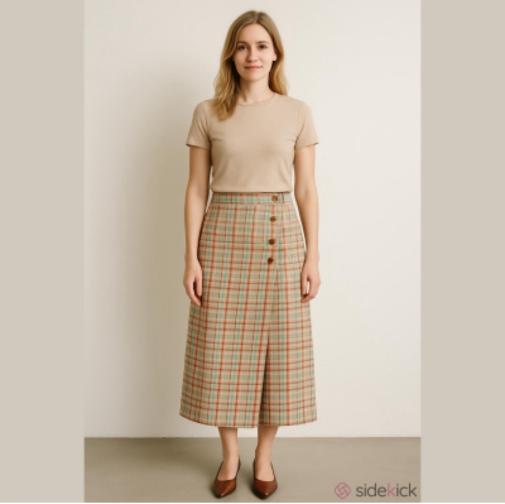 %100 Cotton Vintage 90s Wrap Maxi/ Midi Column Skirt Muted Plaid Tan Blue Pink